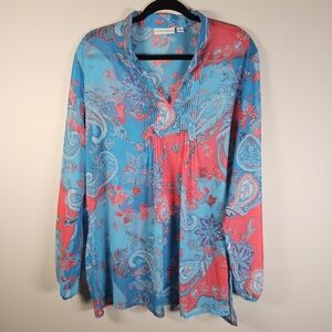 Susan Graver Top Womens XL Crinkled Sheer Chiffon Tunic Blue Pink Floral Paisley